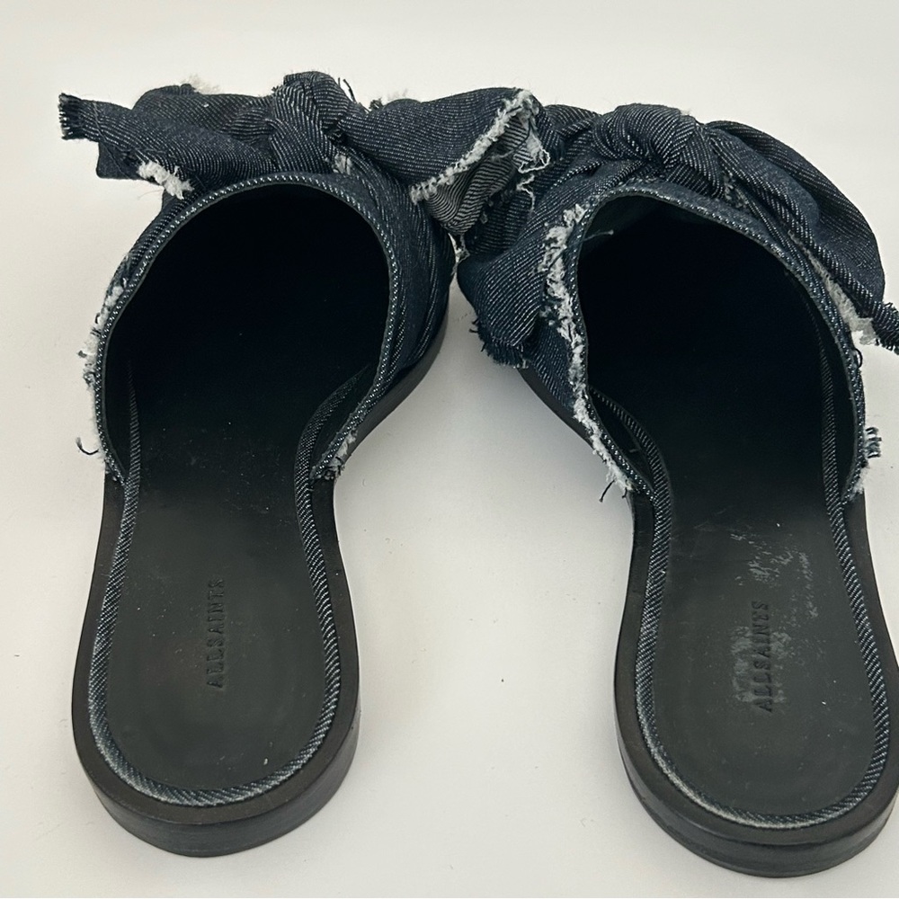 AllSaints Flats Rumour Dark Denim Bow Slip On Mules Shoes Sandals Size 37 - Picture 8 of 9